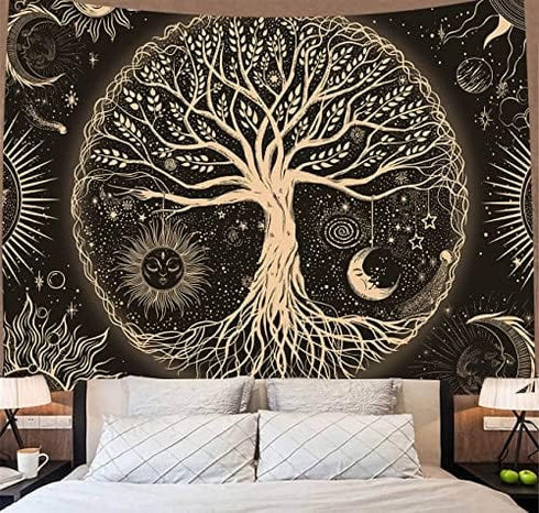 Tree of Life Tapestry Gloden Sun and Moon Wall Hanging Tapestry